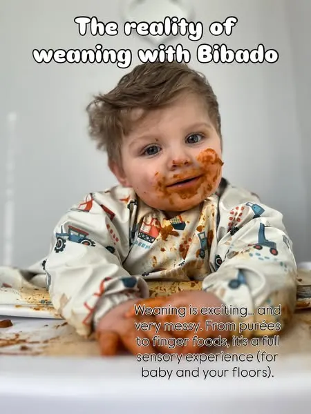 Baby covered in food, the reality of weaning with Bibado