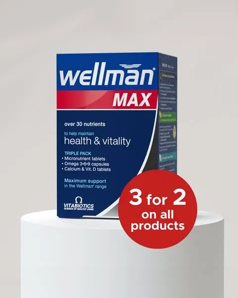 Vitabiotics Wellman Max ad with a 3 for 2 on all products badge